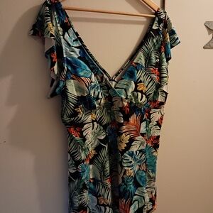 Vibrant Tropical Leaf Print Swim Blouse